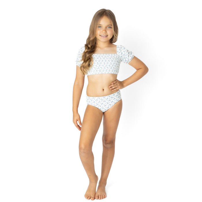 Cottage Floral Blue Puff Sleeve 2pc Swim
