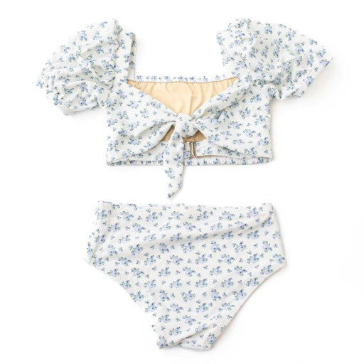 Cottage Floral Blue Puff Sleeve 2pc Swim