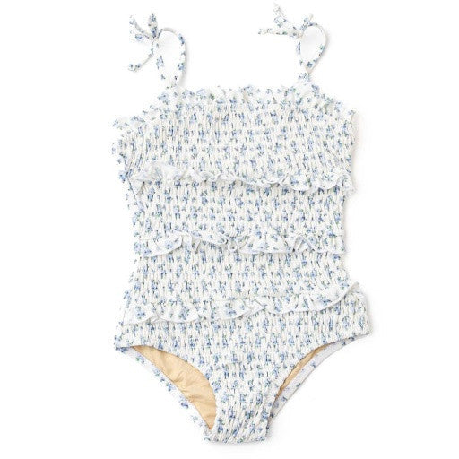 Cottage Floral Blue Smocked Ruffle Swimsuit