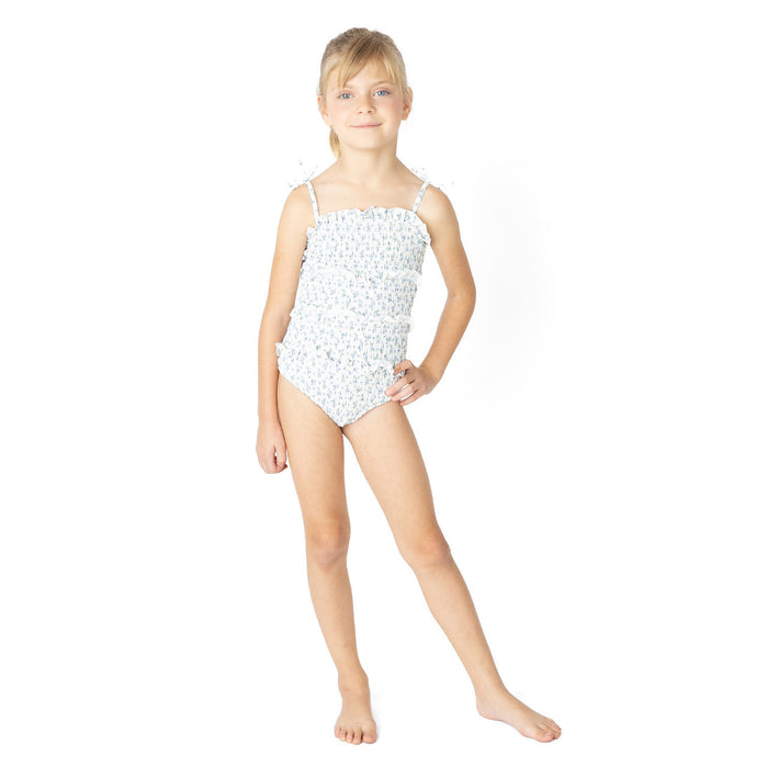 Cottage Floral Blue Smocked Ruffle Swimsuit