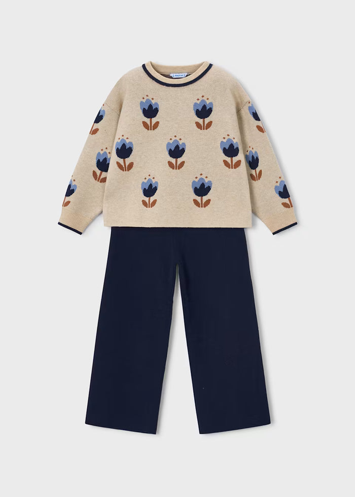 Cream and Navy Floral Trouser Set