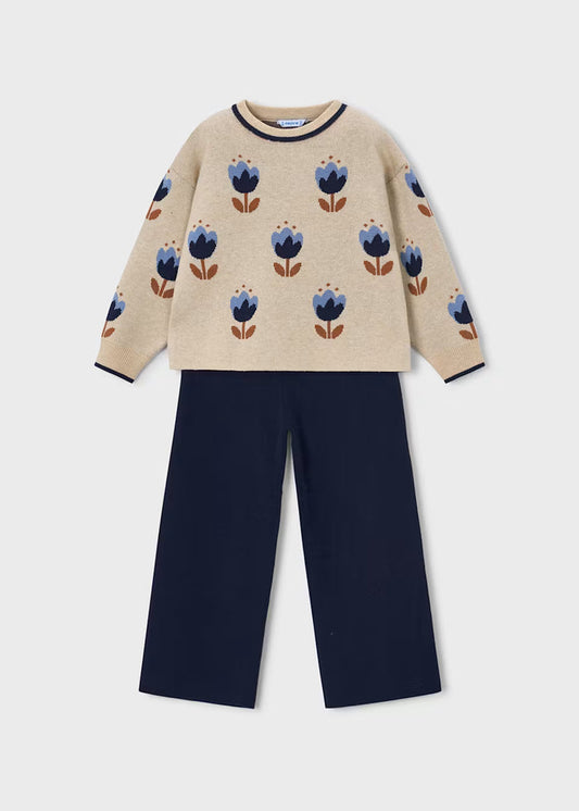 Cream and Navy Floral Trouser Set