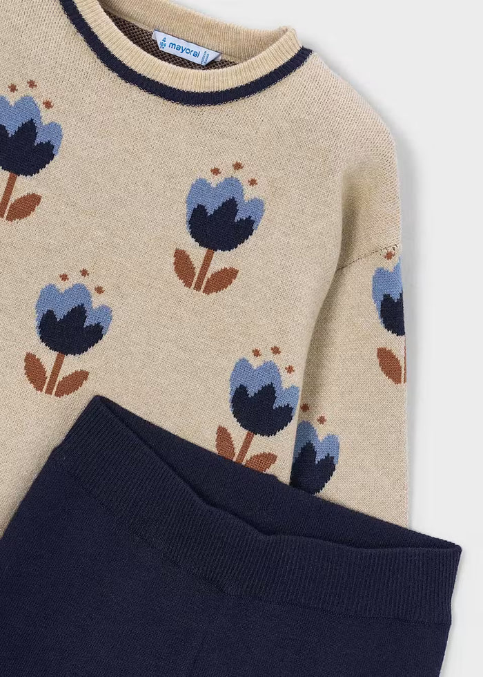 Cream and Navy Floral Trouser Set