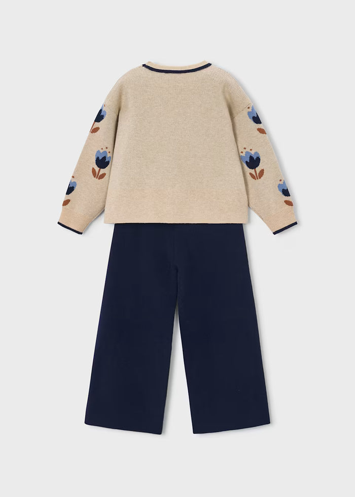 Cream and Navy Floral Trouser Set