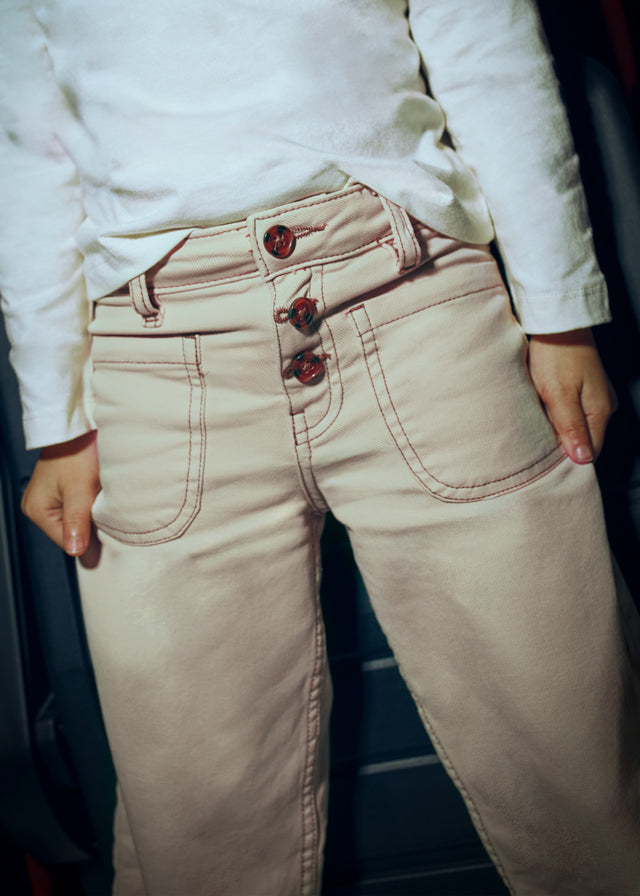 Cream Button Front Wide Leg Demin