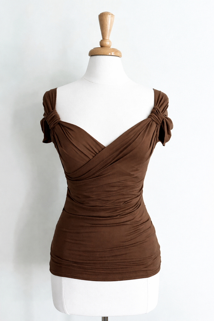 Diane Kroe brown cross top with flattering crossover design.