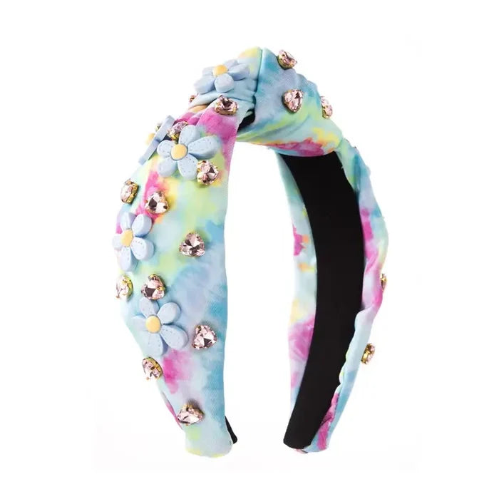 Daisy Rhinestone Tie Dye Knot Blue Jewel Headband