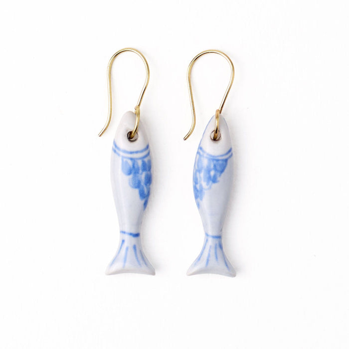 Danielle Fish Ceramic Earrings Blue + White Dangle