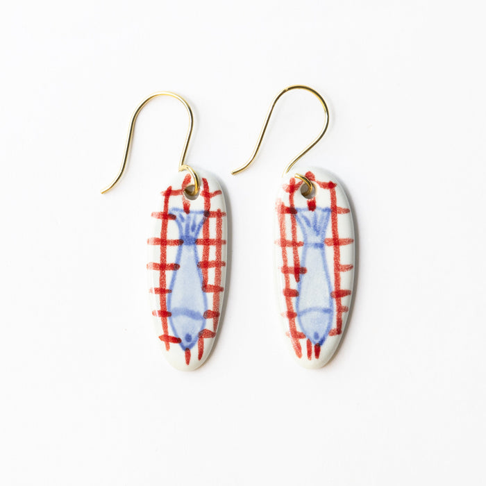 Danielle Oval Ceramic Earring With Fish And Red Plaid Drop