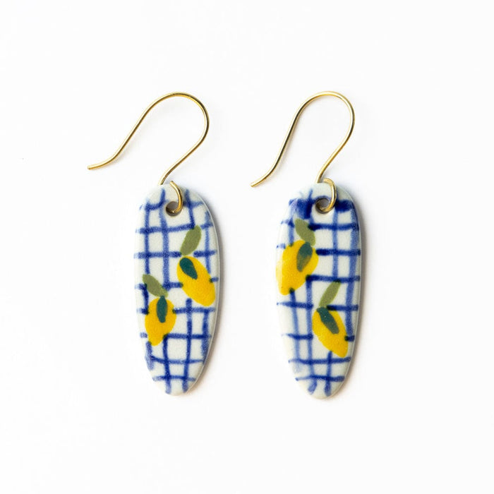 Danielle Oval Ceramic Earring With Lemons And Blue Plaid Drop