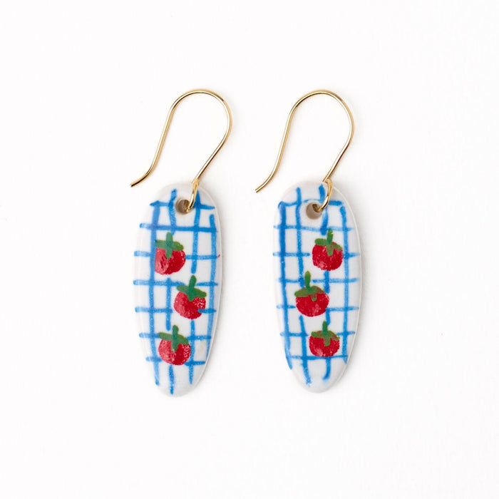 Danielle Oval Ceramic Earrings With Tomatoes + Blue Plaid Dangle