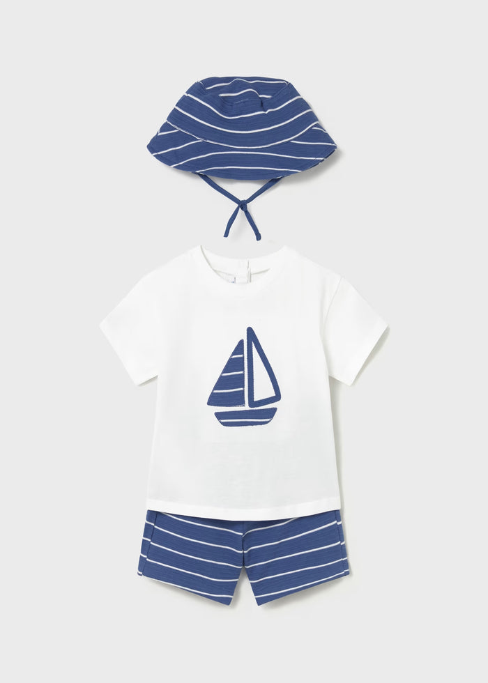 Dark Blue Sailboat Tee & Striped Shorts w Bucket Hat