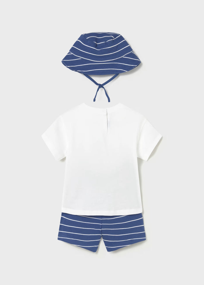 Dark Blue Sailboat Tee & Striped Shorts w Bucket Hat