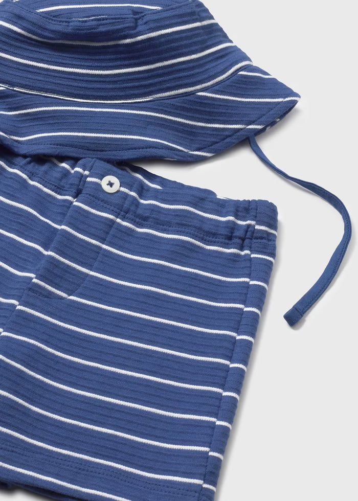 Dark Blue Sailboat Tee & Striped Shorts w Bucket Hat
