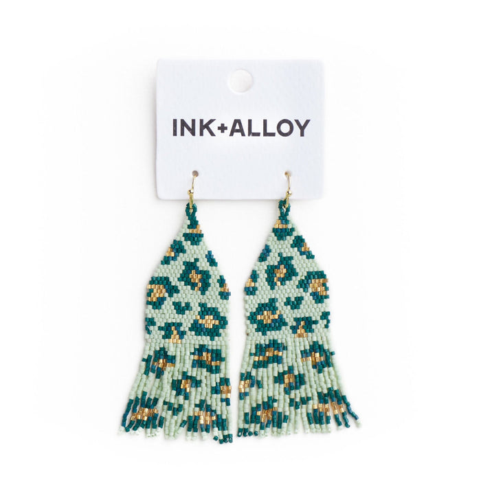 Delilah Cheetah Print Beaded Fringe Earrings Green + Gold Fringe