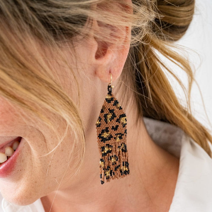 Delilah Cheetah Print Beaded Fringe Earrings Mocha, Black, + Gold Fringe