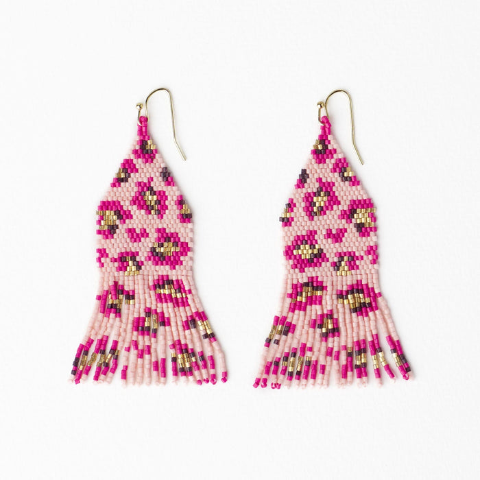 Delilah Cheetah Print Beaded Fringe Earrings Pink + Gold Fringe