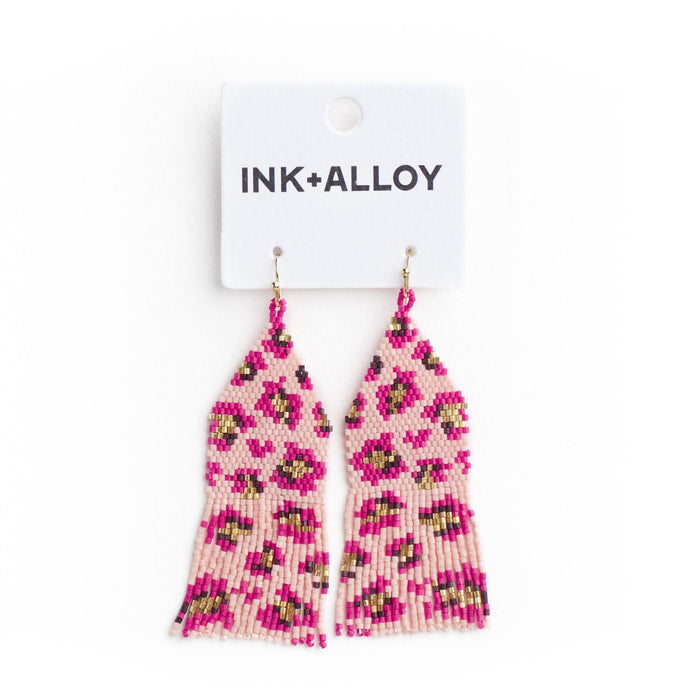 Delilah Cheetah Print Beaded Fringe Earrings Pink + Gold Fringe