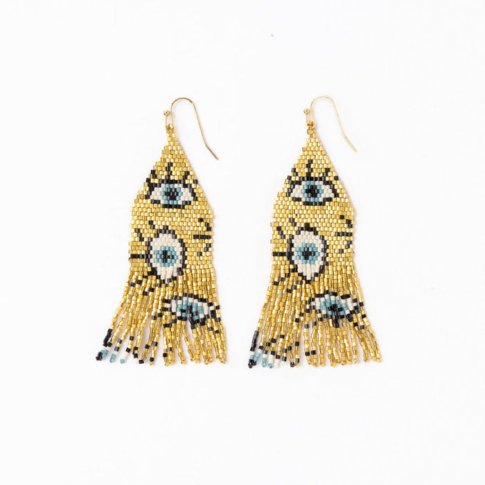 Delilah Evil Eye Beaded Fringe Earrings Gold Fringe