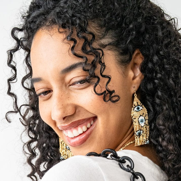 Delilah Evil Eye Beaded Fringe Earrings Gold Fringe