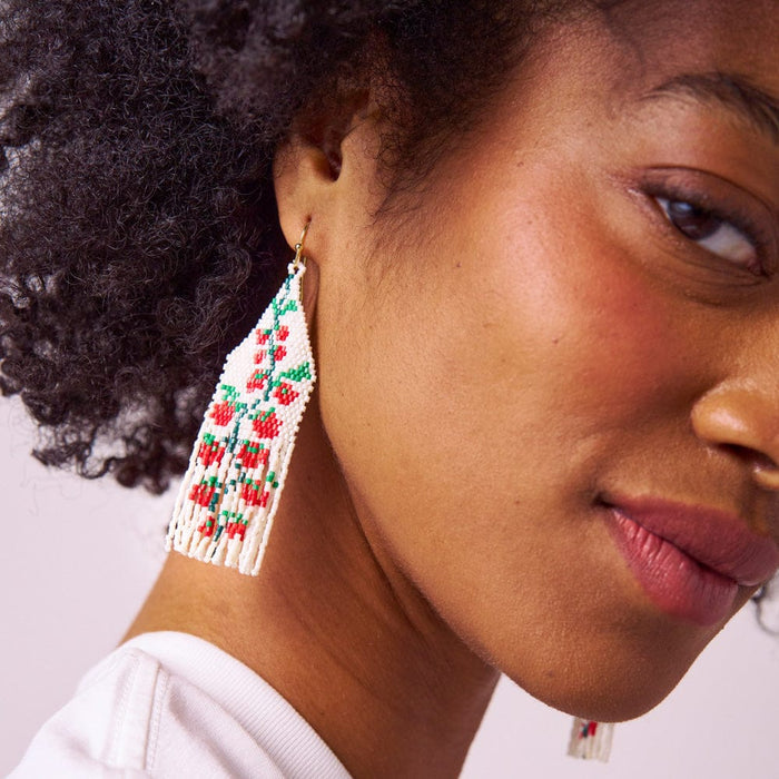 Delilah Tomato Beaded Fringe Earrings Red + Green Fringe