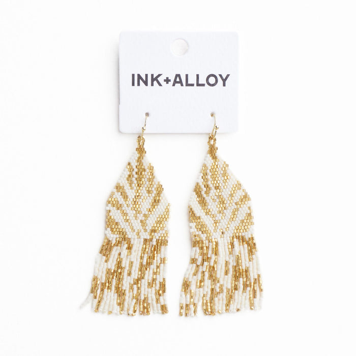 Delilah Zebra Print Beaded Fringe Earrings Ivory + Gold Fringe