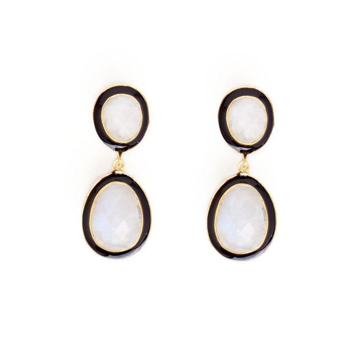 Elaine Semi-Precious Stone + Enamel Drop Earrings Black + Rainbow Moonstone Drop