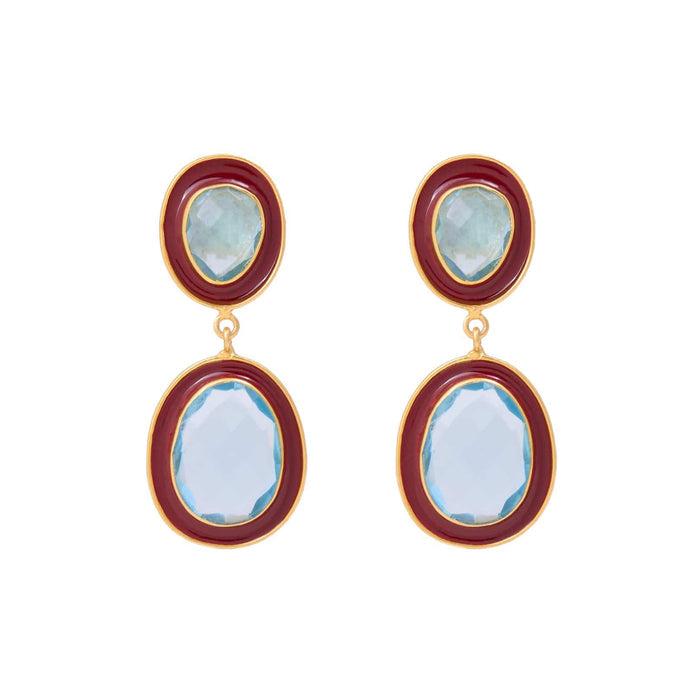 Elaine Semi-Precious Stone + Enamel Drop Earrings Maroon + Light Blue Drop