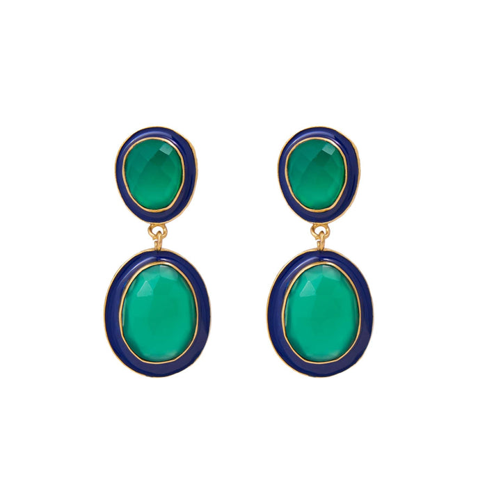 Elaine Semi-Precious Stone + Enamel Drop Earrings Navy + Green Drop