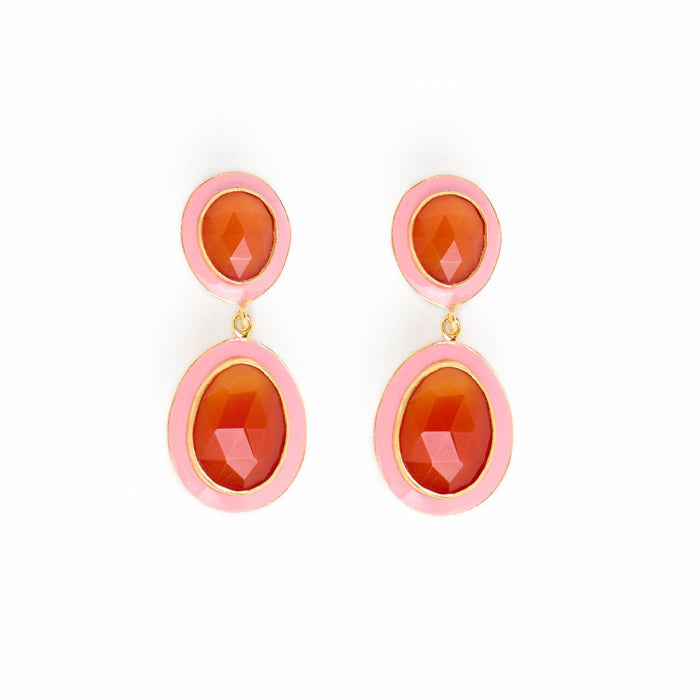 Elaine Semi-Precious Stone + Enamel Drop Earrings Pink + Carnelian Drop