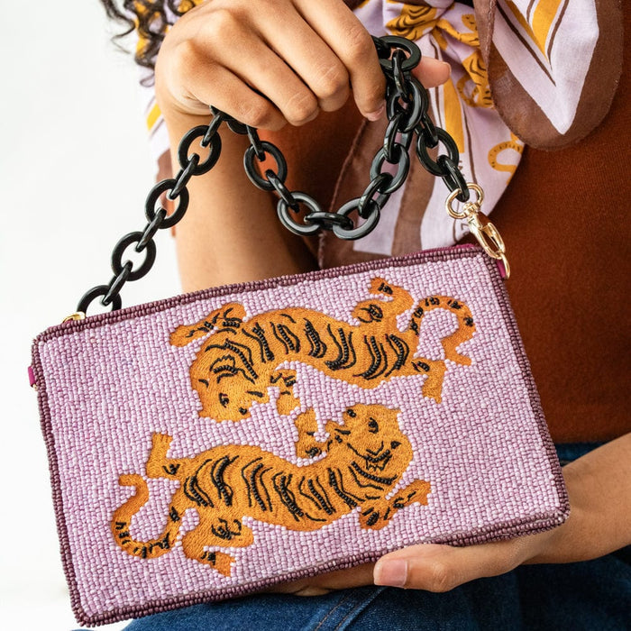 Elenor Embroidered Tiger Beaded Bag Purple Clutch