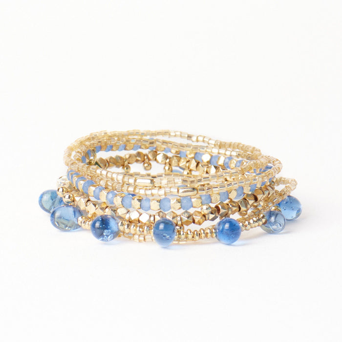 Ella Stack of 6 Stretch Bracelets Blue + Gold Bracelet