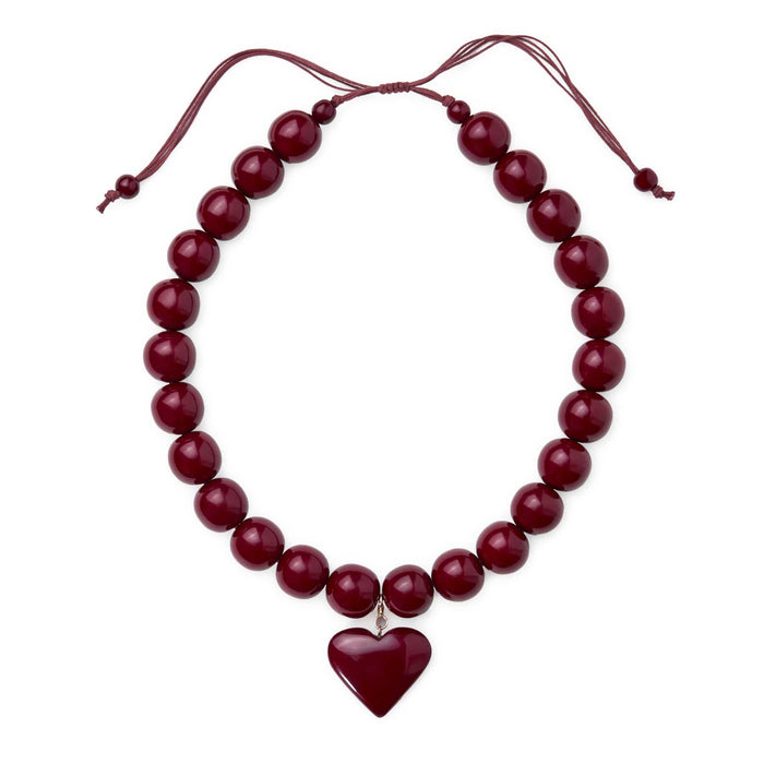 Emery Large Round Resin Bead With Heart Adjustable Necklace Burgundy Single Strand