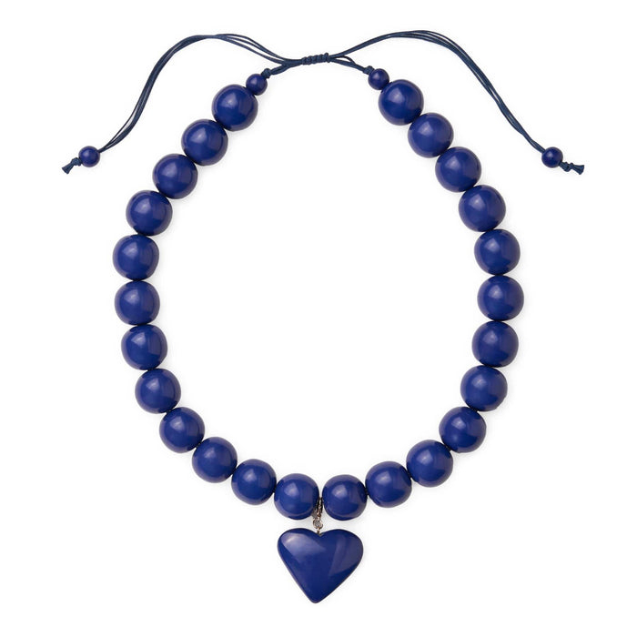 Emery Large Round Resin Bead With Heart Adjustable Necklace Navy Single Strand