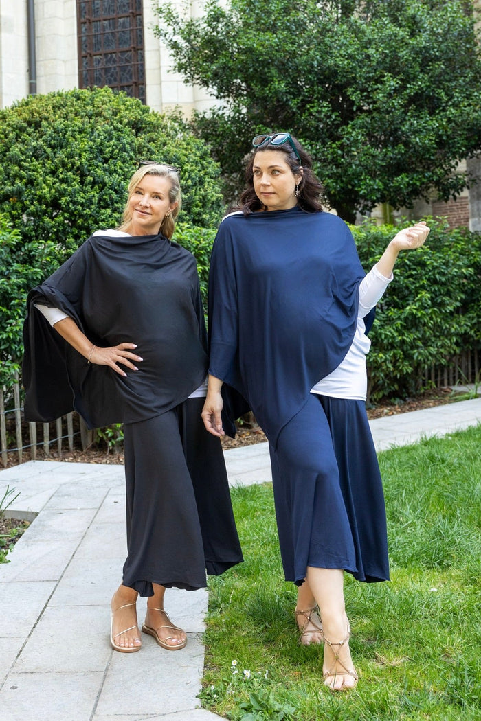 Navy Endless multiway dress in Brushed Venezia fabric worn as a wrap top by Diane Kroe