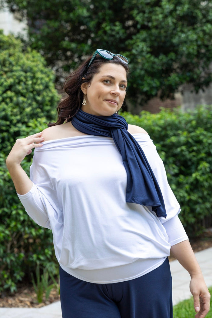 Navy Endless multiway dress in Brushed Venezia fabric worn as a scarf by Diane Kroe