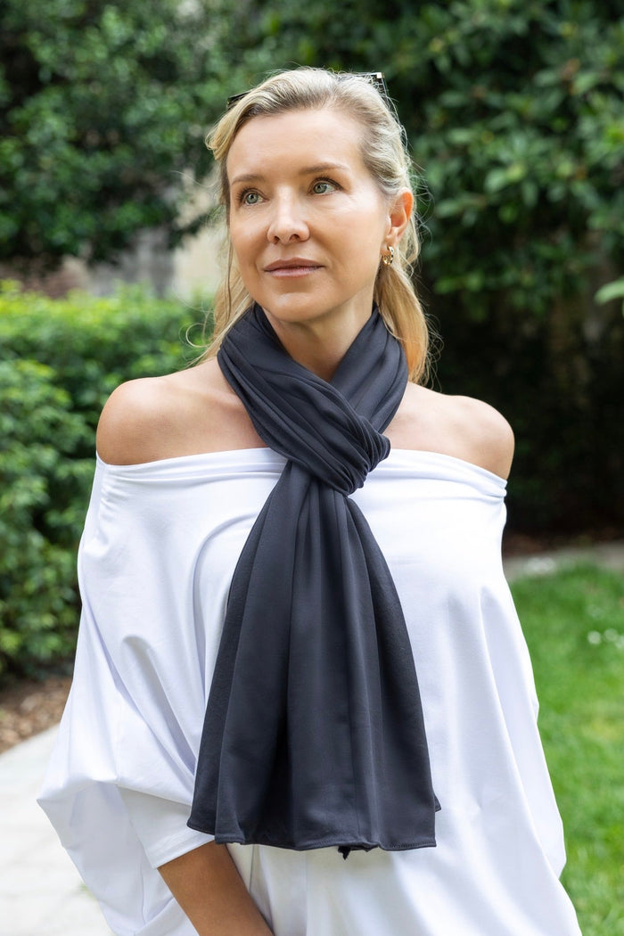 Navy Endless multiway dress in Brushed Venezia fabric worn as a scarf by Diane Kroe