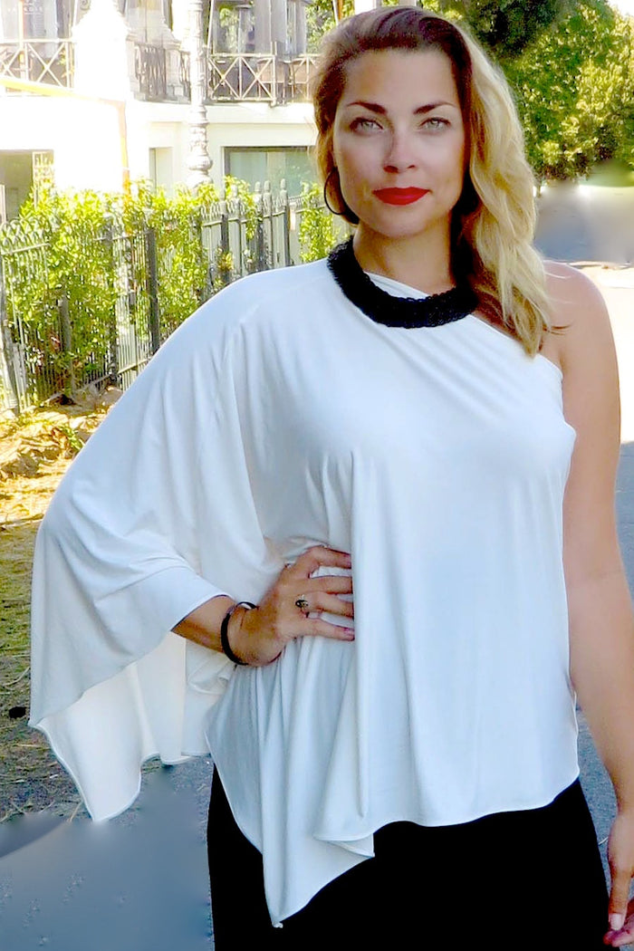Diane Kroe Endless Ivory worn one shoulder style