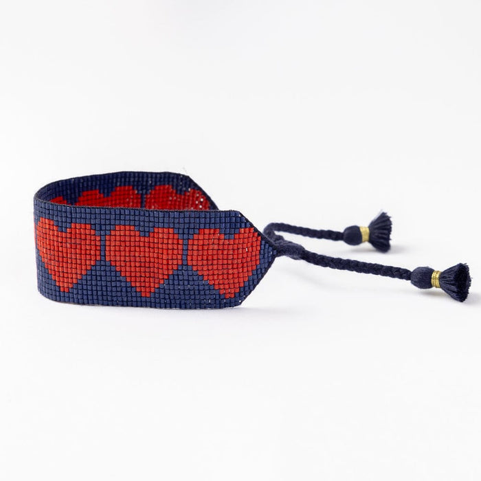 Erin Red Hearts Adjustable Beaded Bracelet Navy Sliding Knot