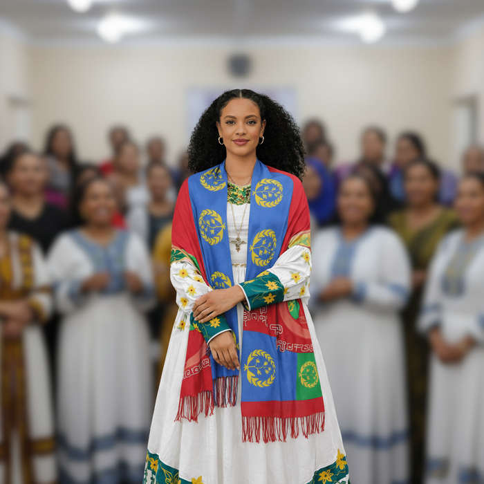 Woman in a colorful traditional outfit standing in front of a blurred audience
