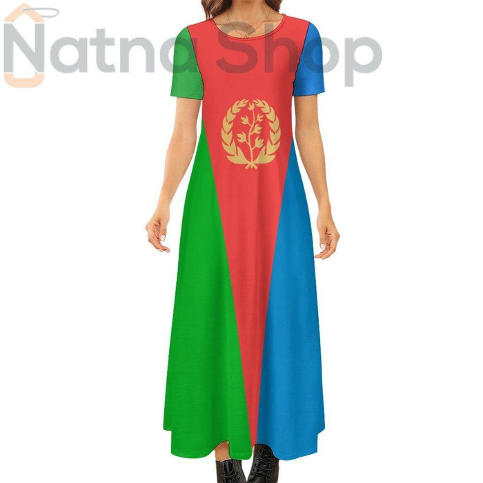 Eritrean Flag Round neck short sleeve dress Short Sleeve Round-Neck Long Dress - Natna Shop