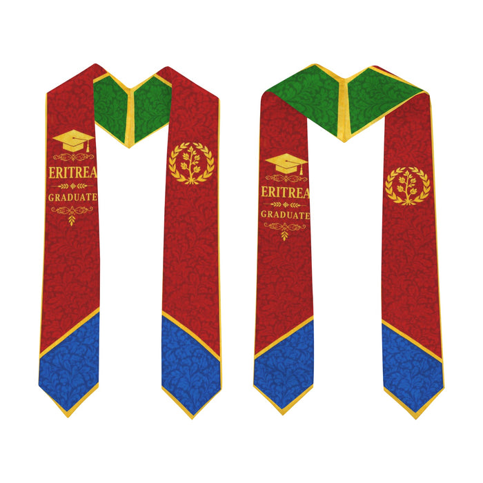 Two Eritrea-themed graduation stoles with red, green, and blue colors on a white background Front, Back.