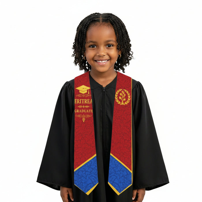 Girl wearing Eritrean kids graduation stole with black graduation gown