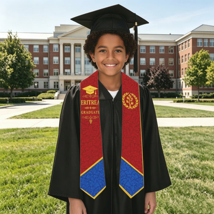Child wearing Eritrean graduation stole outside school for graduation ceremony