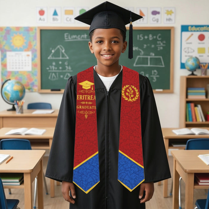 Boy wearing Eritrean kids graduation stole with black graduation gown in classroom