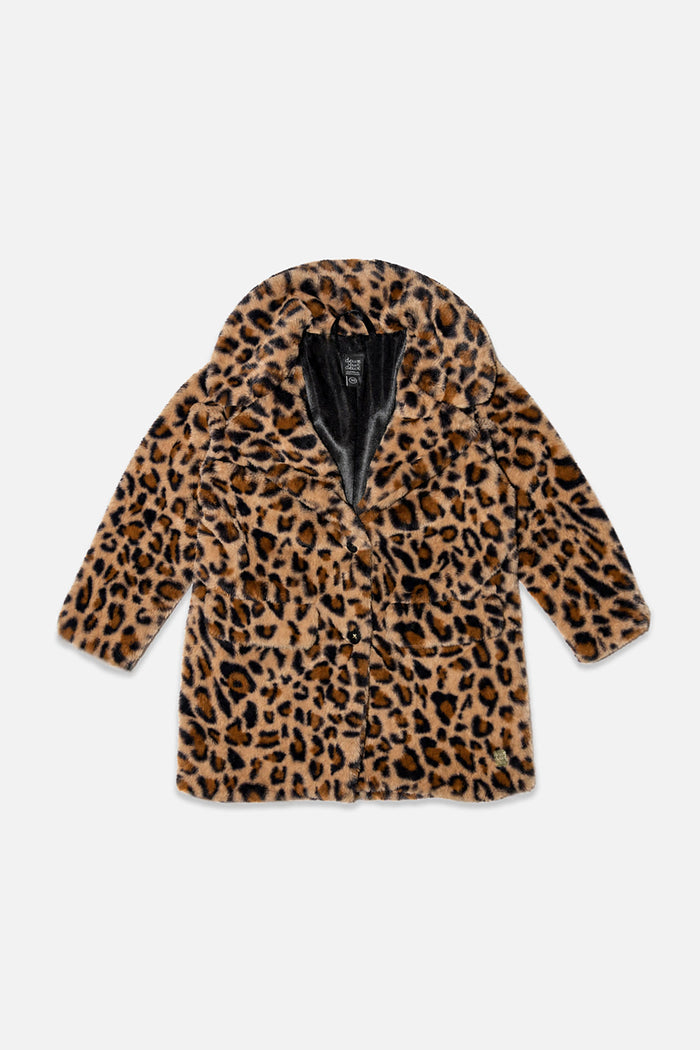 Deux par Deux girls long faux fur coat in brown leopard print