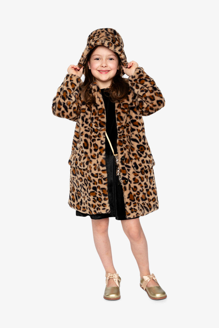 Child wearing Deux par Deux long faux fur coat in brown leopard print, view 2