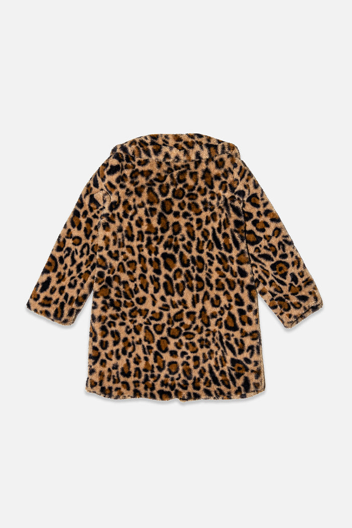 Deux par Deux girls long faux fur coat in brown leopard print, view 3