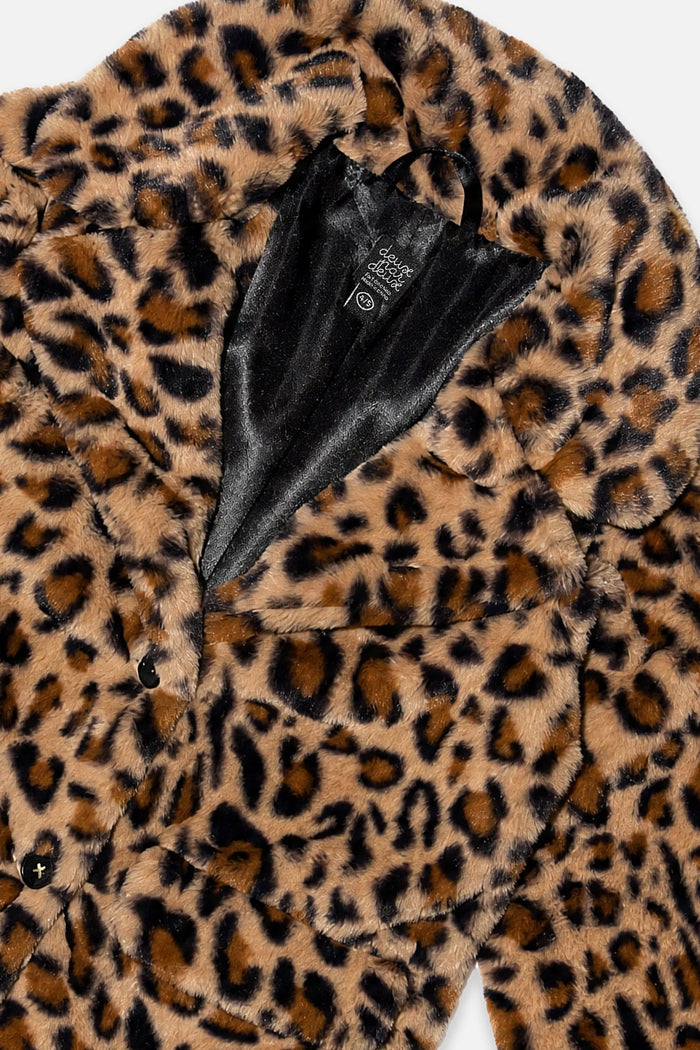 Deux par Deux girls long faux fur coat in brown leopard print, view 5