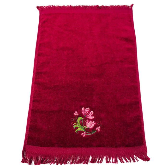 Finger tip towel - Rosemaling Flower on Burgundy